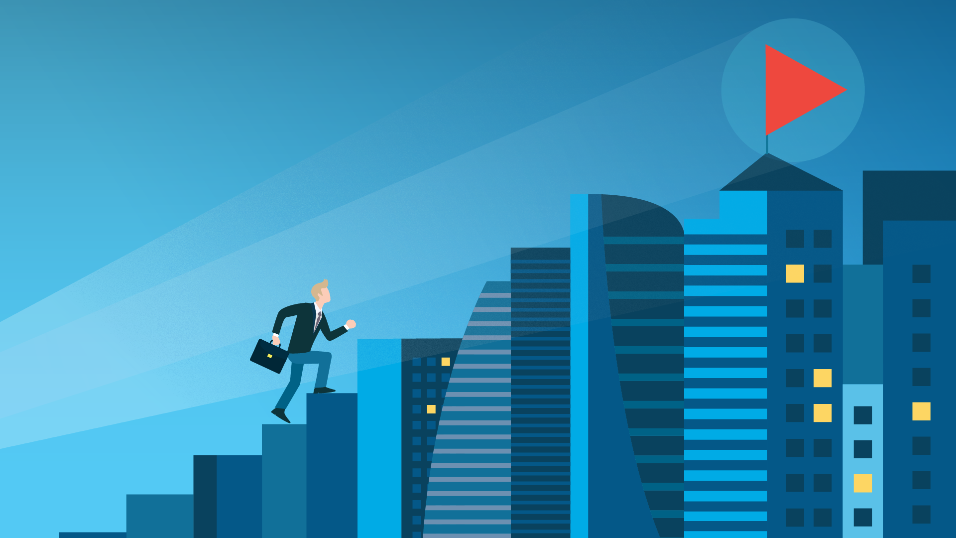 Business Man Running To Flag On The City 1920x1080